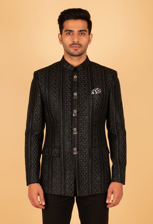 Black Embroidered Indo-Western Suit for Groom – Royal Wedding & Reception Wear