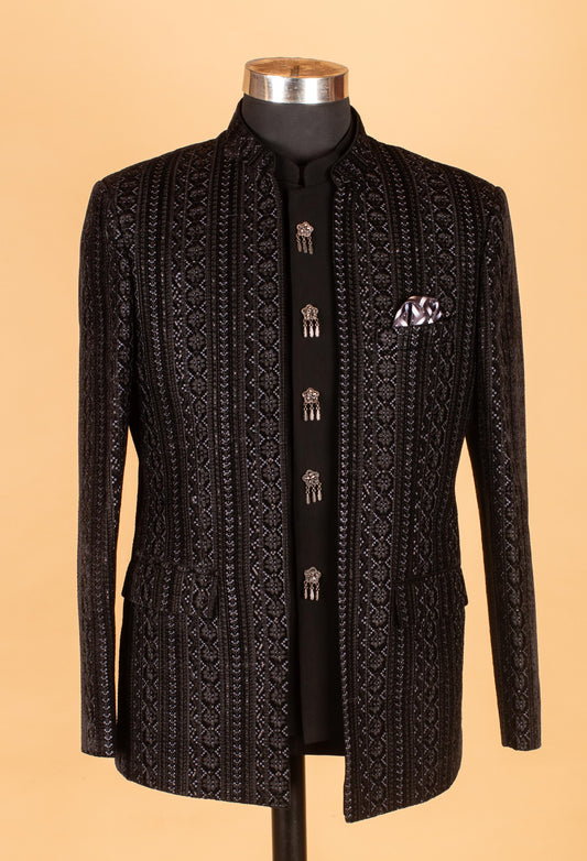 Black embroidered Indo-Western suit for groom – product image 2