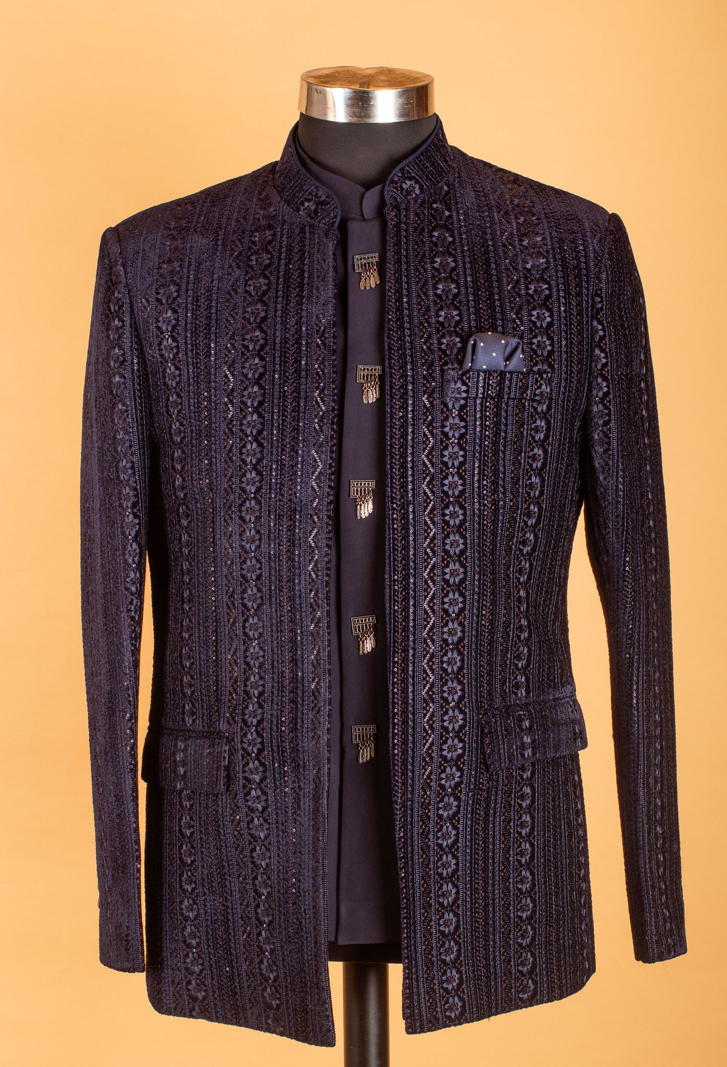 Navy Blue Embroidered Indo-Western Suit for Groom – Premium Wedding & Reception Wear