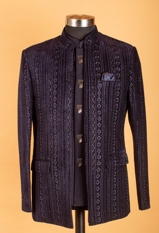 Navy blue embroidered Indo-Western suit for groom – product image 2