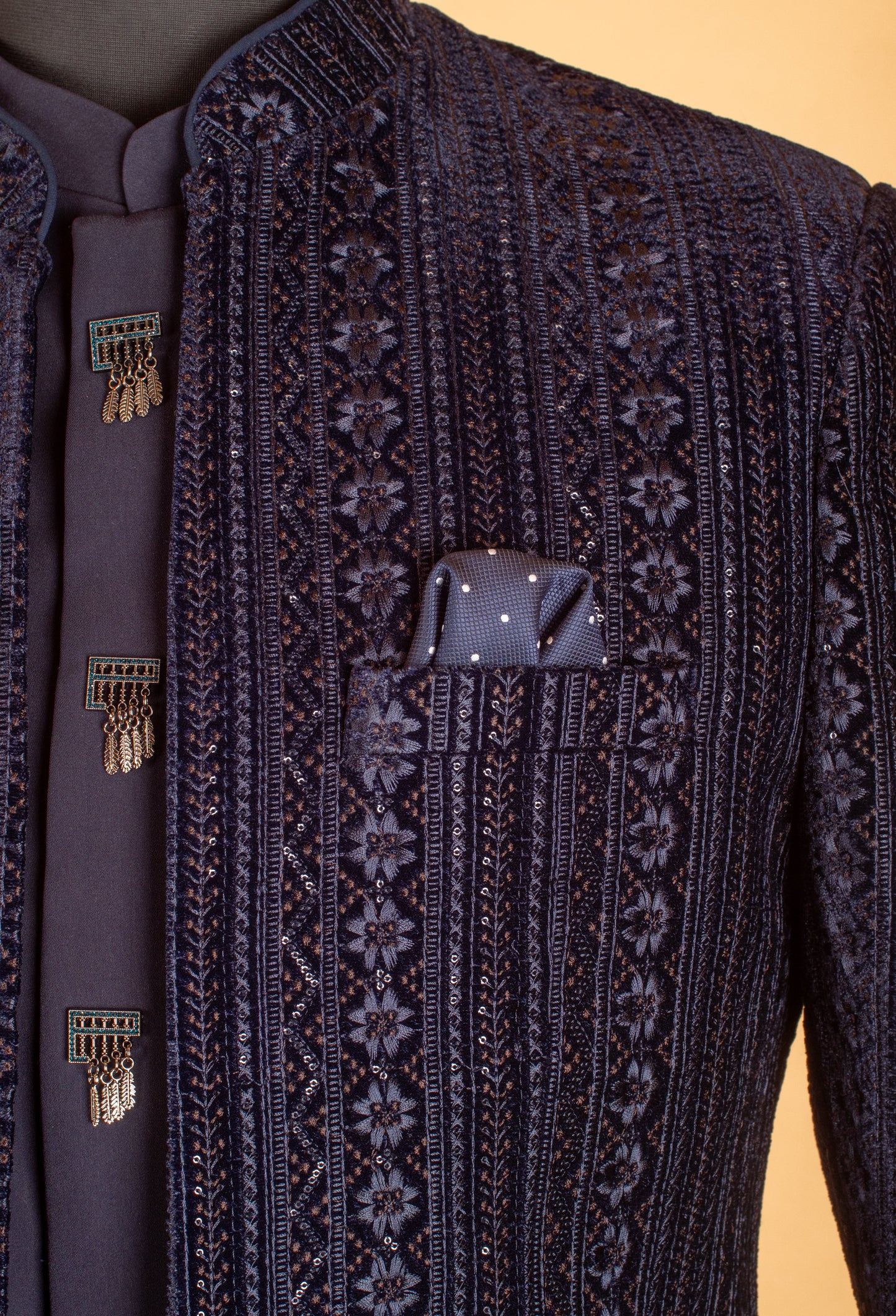 Navy Blue Embroidered Indo-Western Suit for Groom – Premium Wedding & Reception Wear