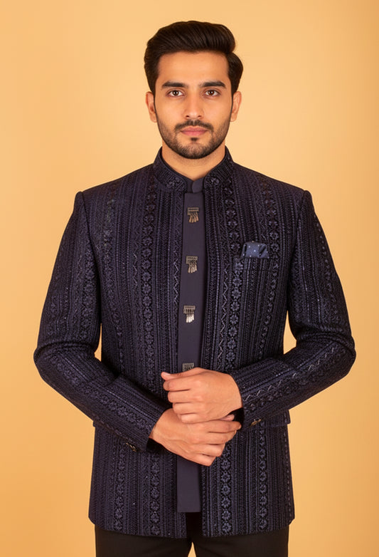 Navy Blue Embroidered Indo-Western Suit for Groom – Premium Wedding & Reception Wear