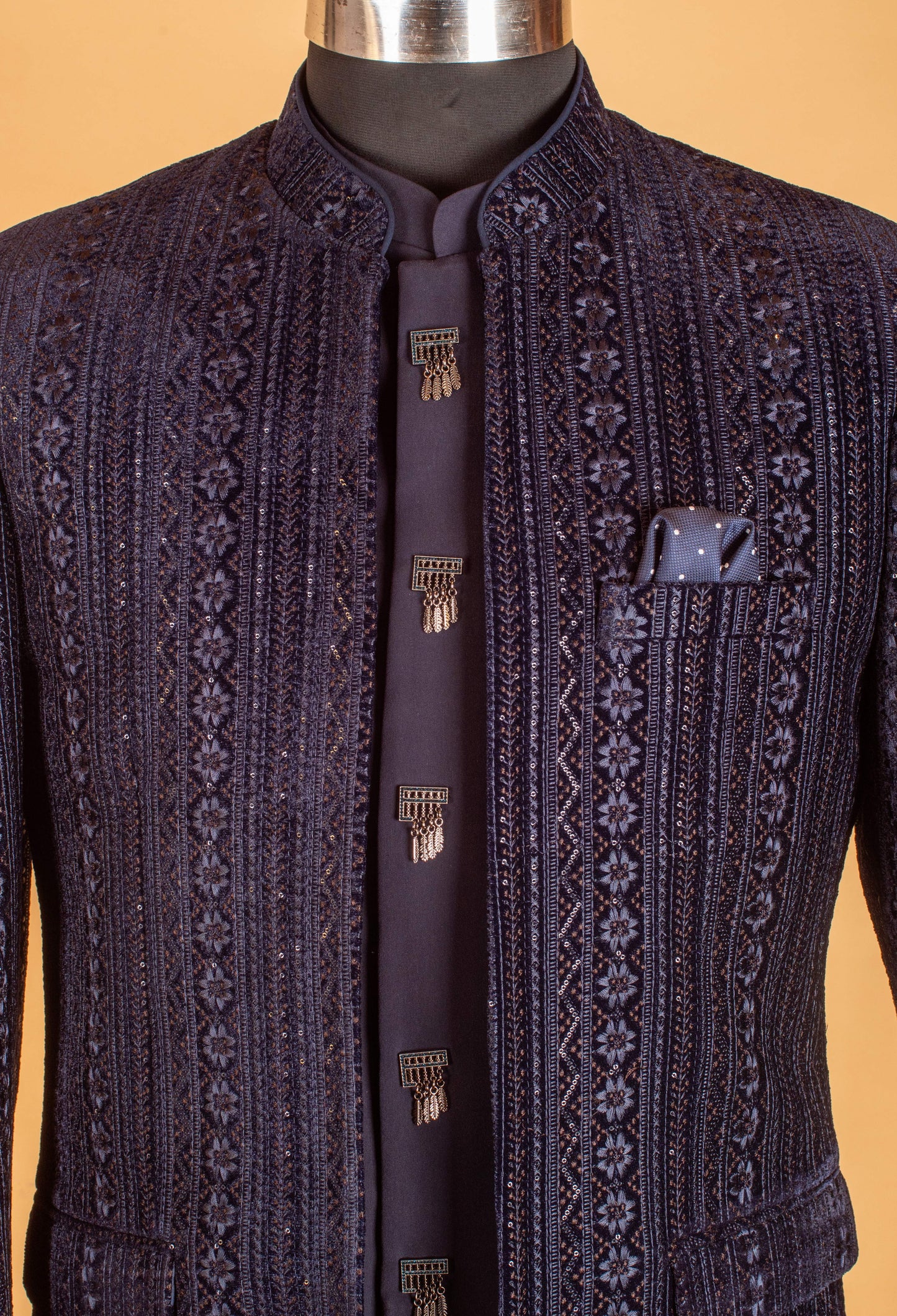 Navy Blue Embroidered Indo-Western Suit for Groom – Premium Wedding & Reception Wear