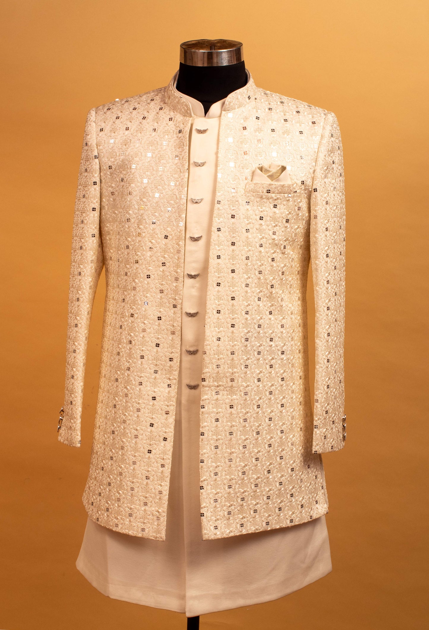 Ivory Mirror Embroidered Sherwani for Groom – Premium Wedding & Reception Wear