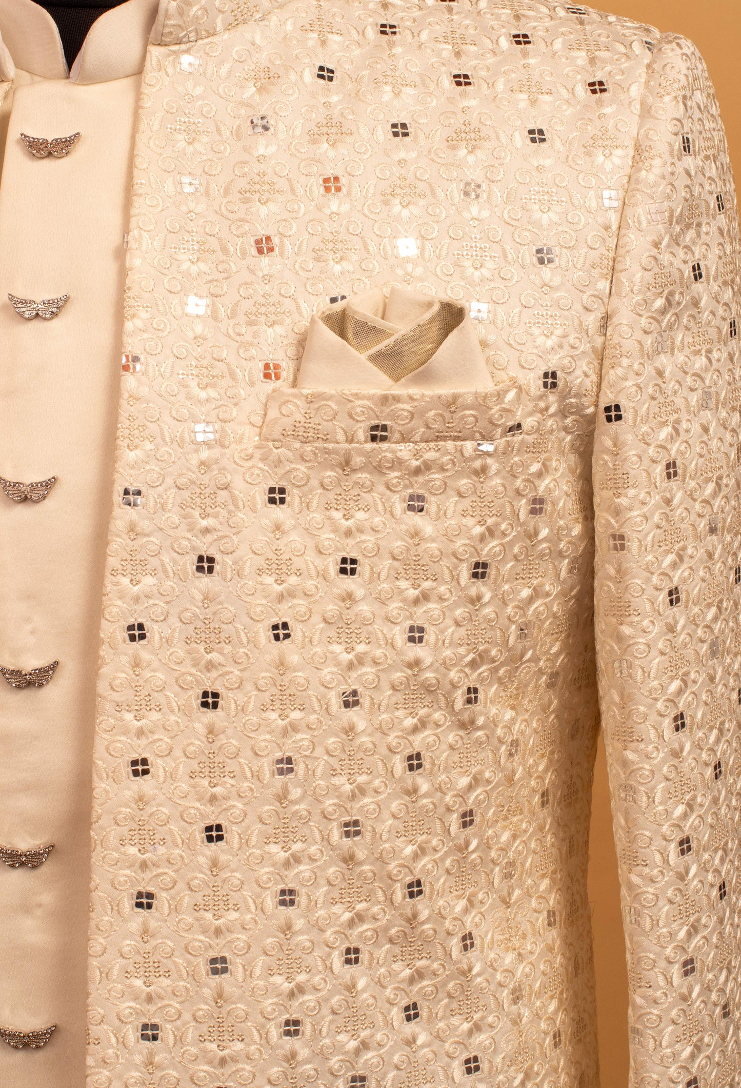 Ivory Mirror Embroidered Sherwani for Groom – Premium Wedding & Reception Wear