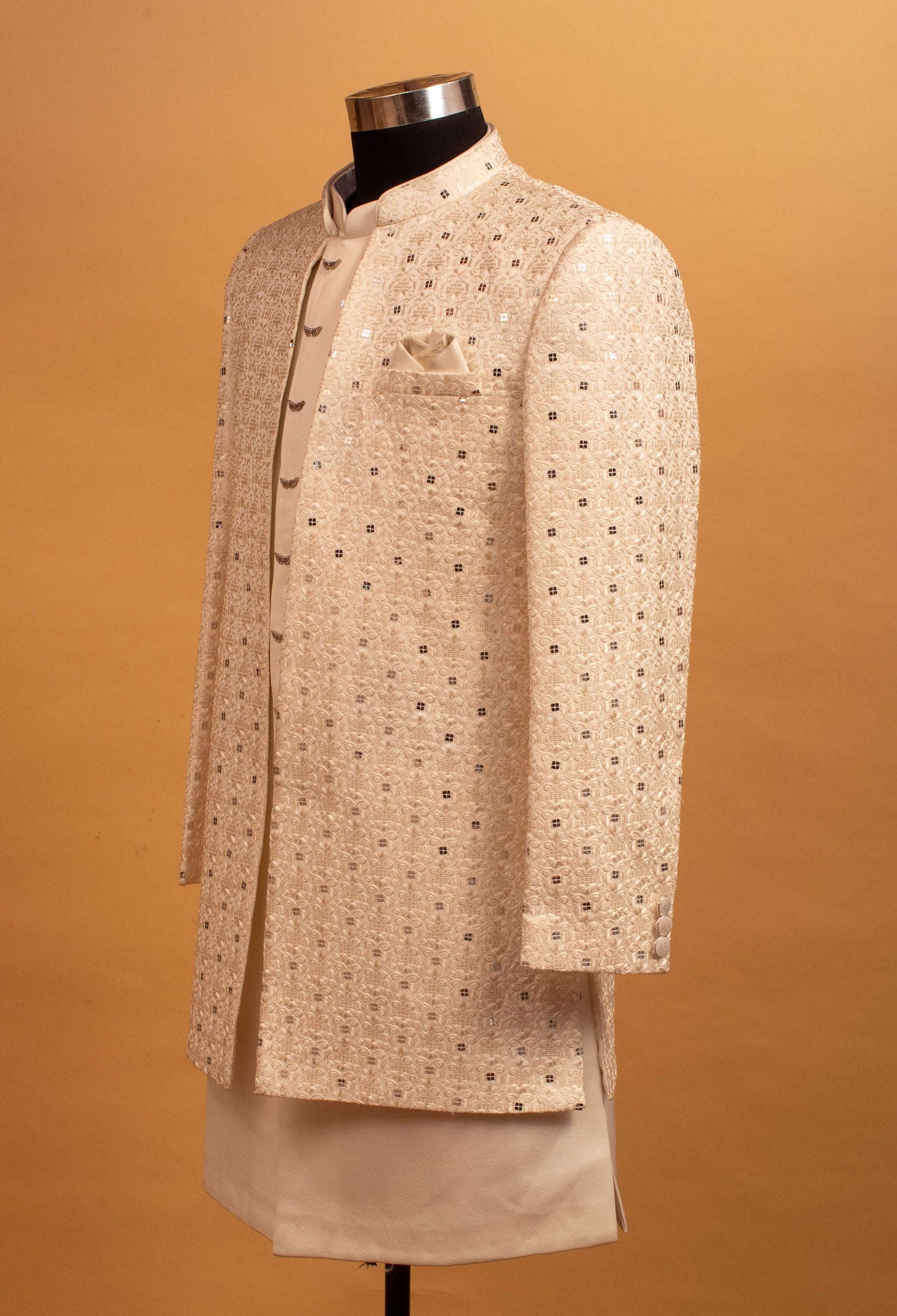 Ivory Mirror Embroidered Sherwani for Groom – Premium Wedding & Reception Wear