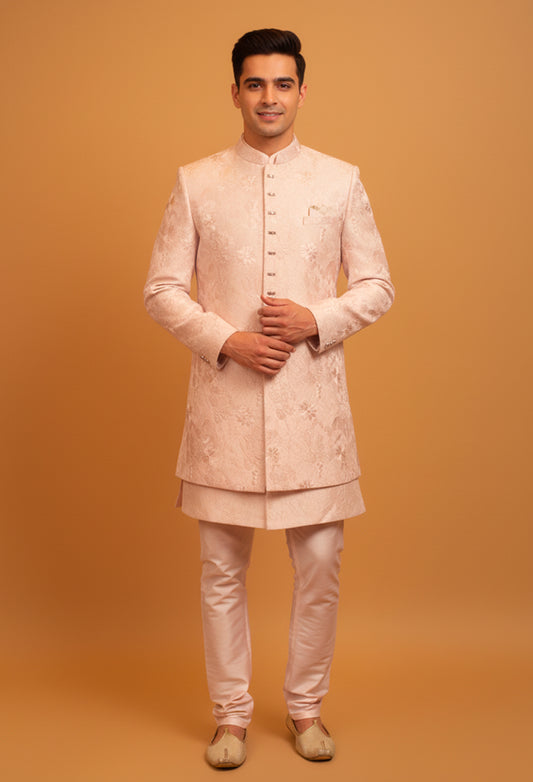 Blush Pink Textured Sherwani Set for Men – Wedding & Engagement Outfit
