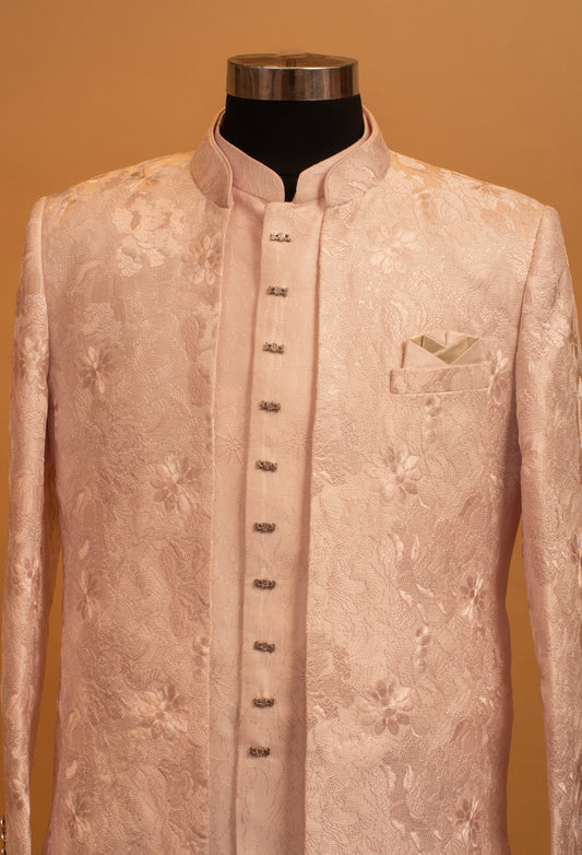 Blush pink textured floral jacquard sherwani for men – product image 2