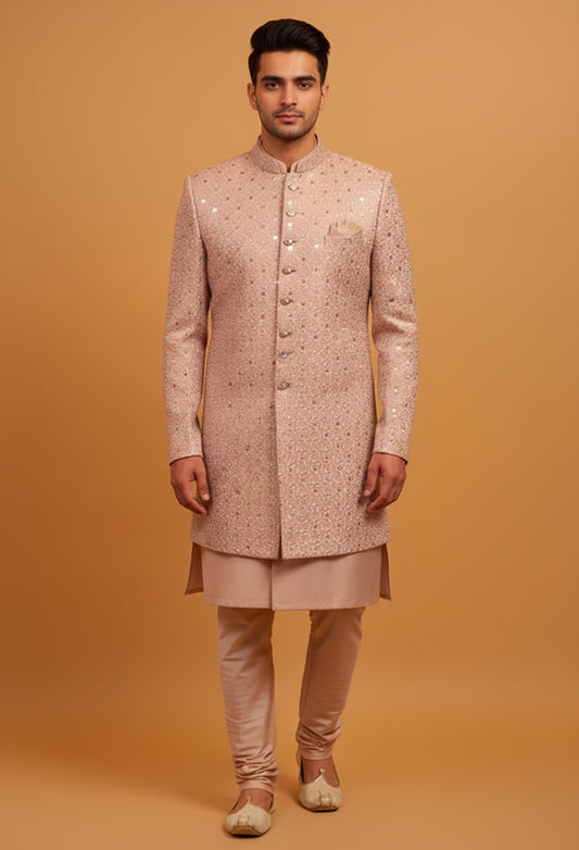 Blush Pink Sequin Embroidered Sherwani for Men – Premium Wedding & Festive Wear