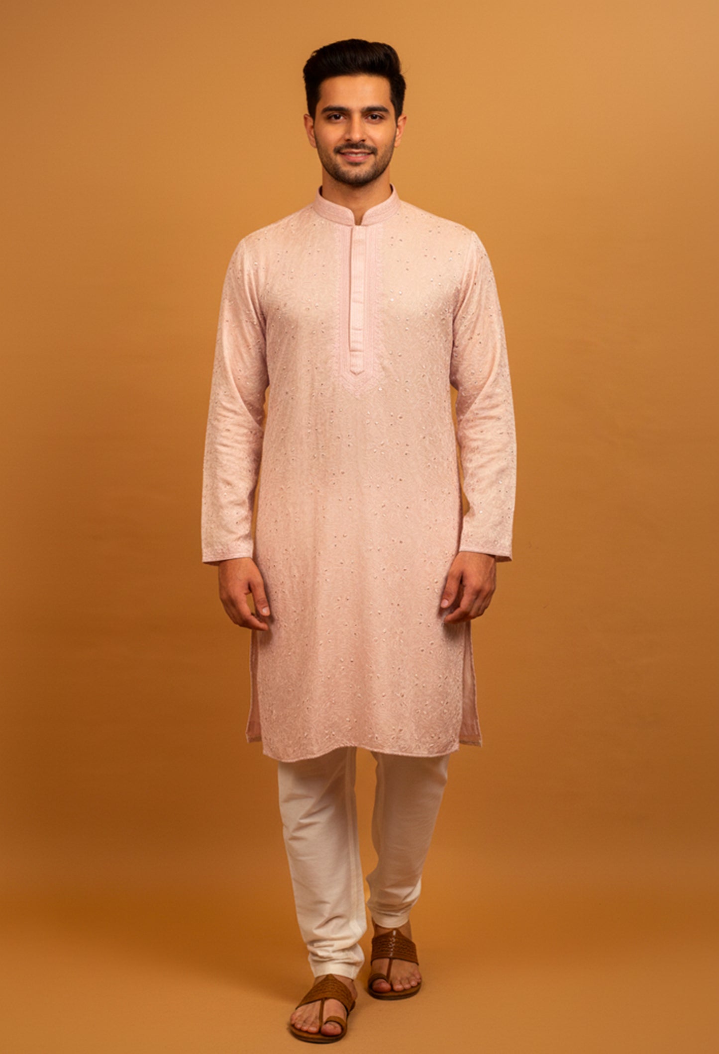 Blush Pink Embroidered Men’s Kurta – Festive & Wedding Wear for Groomsmen