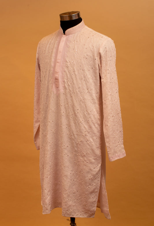 Blush pink embroidered kurta for men with mirror accents – product image 2