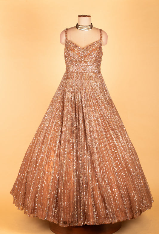 Rose gold fully sequined ball gown with pleated flare – product image 2