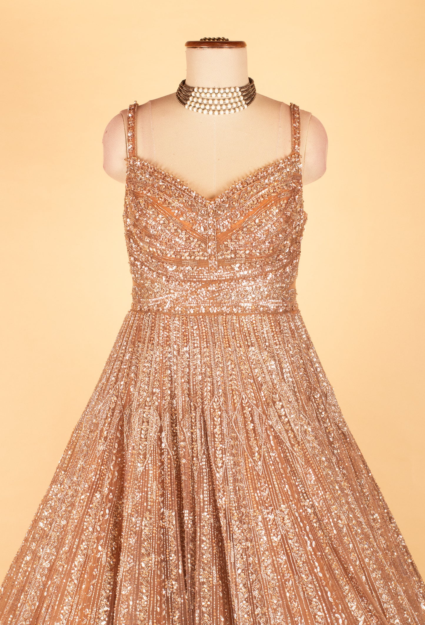 Rose Gold Fully Sequined Ball Gown with Pleated Flare – Premium Party & Reception Wear Dress