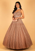 Rose Gold Fully Sequined Ball Gown with Pleated Flare – Premium Party & Reception Wear Dress