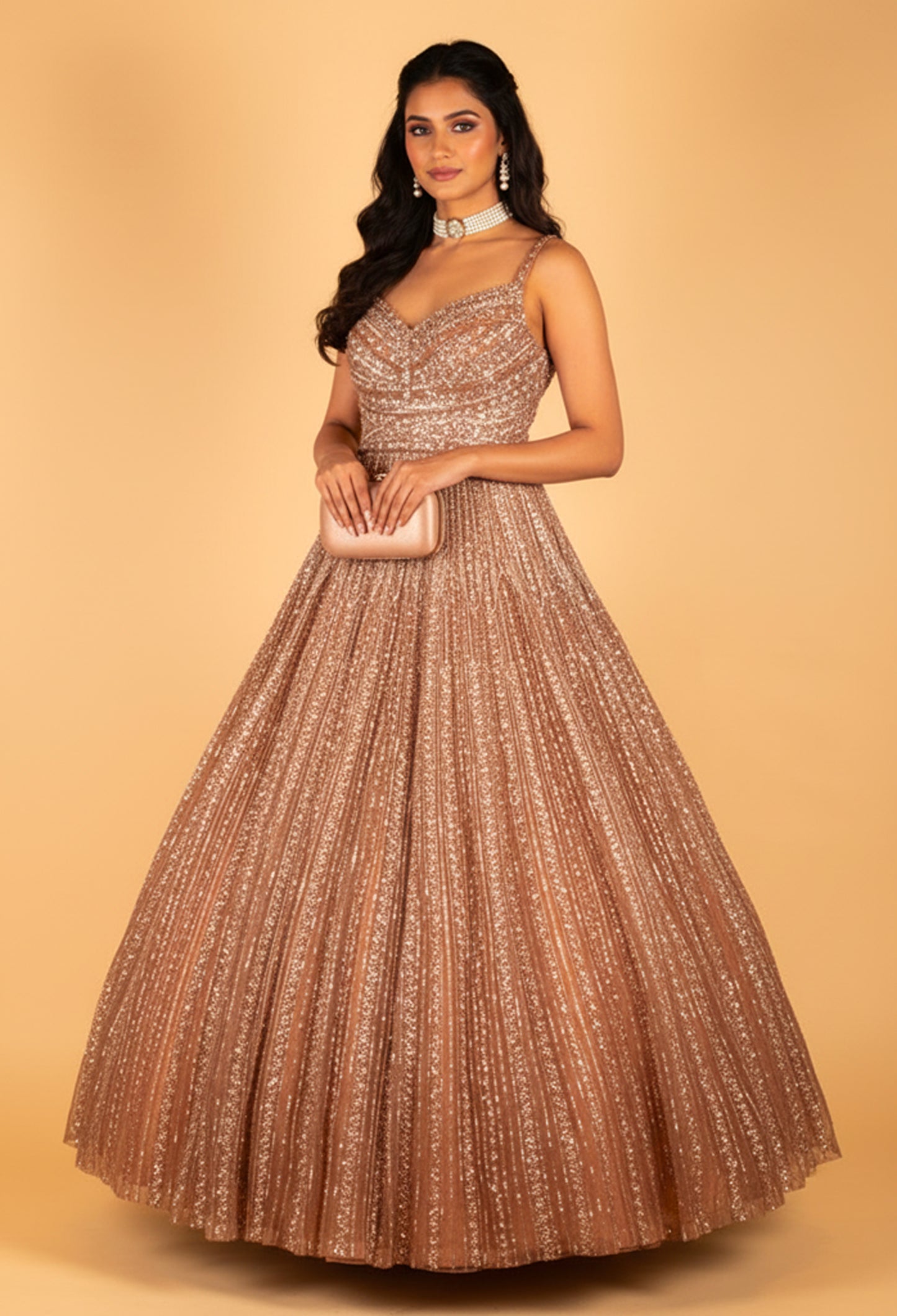 Rose Gold Fully Sequined Ball Gown with Pleated Flare – Premium Party & Reception Wear Dress