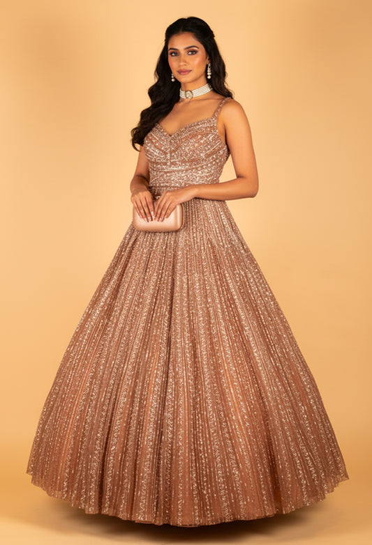 Rose Gold Fully Sequined Ball Gown with Pleated Flare – Premium Party & Reception Wear Dress