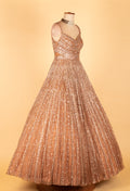Rose Gold Fully Sequined Ball Gown with Pleated Flare – Premium Party & Reception Wear Dress