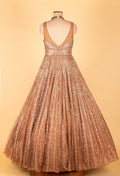 Rose Gold Fully Sequined Ball Gown with Pleated Flare – Premium Party & Reception Wear Dress
