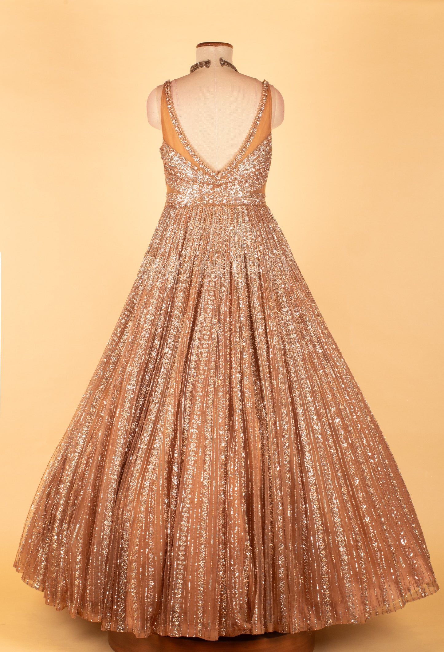 Rose Gold Fully Sequined Ball Gown with Pleated Flare – Premium Party & Reception Wear Dress