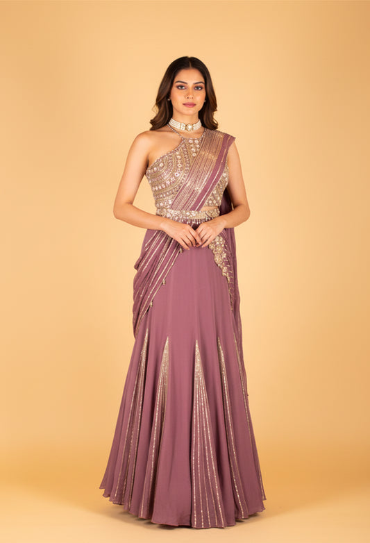 Purple Designer Lehenga Saree Fusion with Heavy Embellished Blouse – Premium Wedding & Reception Wear