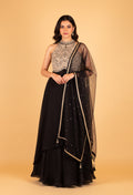 Black Straight-Cut Designer Suit with Embellished Halter Neck & Net Dupatta – Party & Wedding Wear