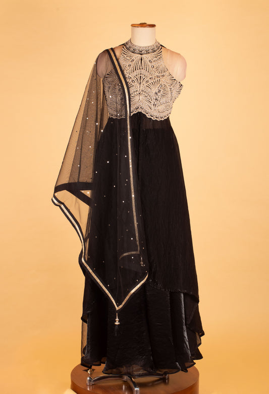 Black straight-cut suit with embellished halter neck and net dupatta – product image 2