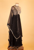 Black Straight-Cut Designer Suit with Embellished Halter Neck & Net Dupatta – Party & Wedding Wear