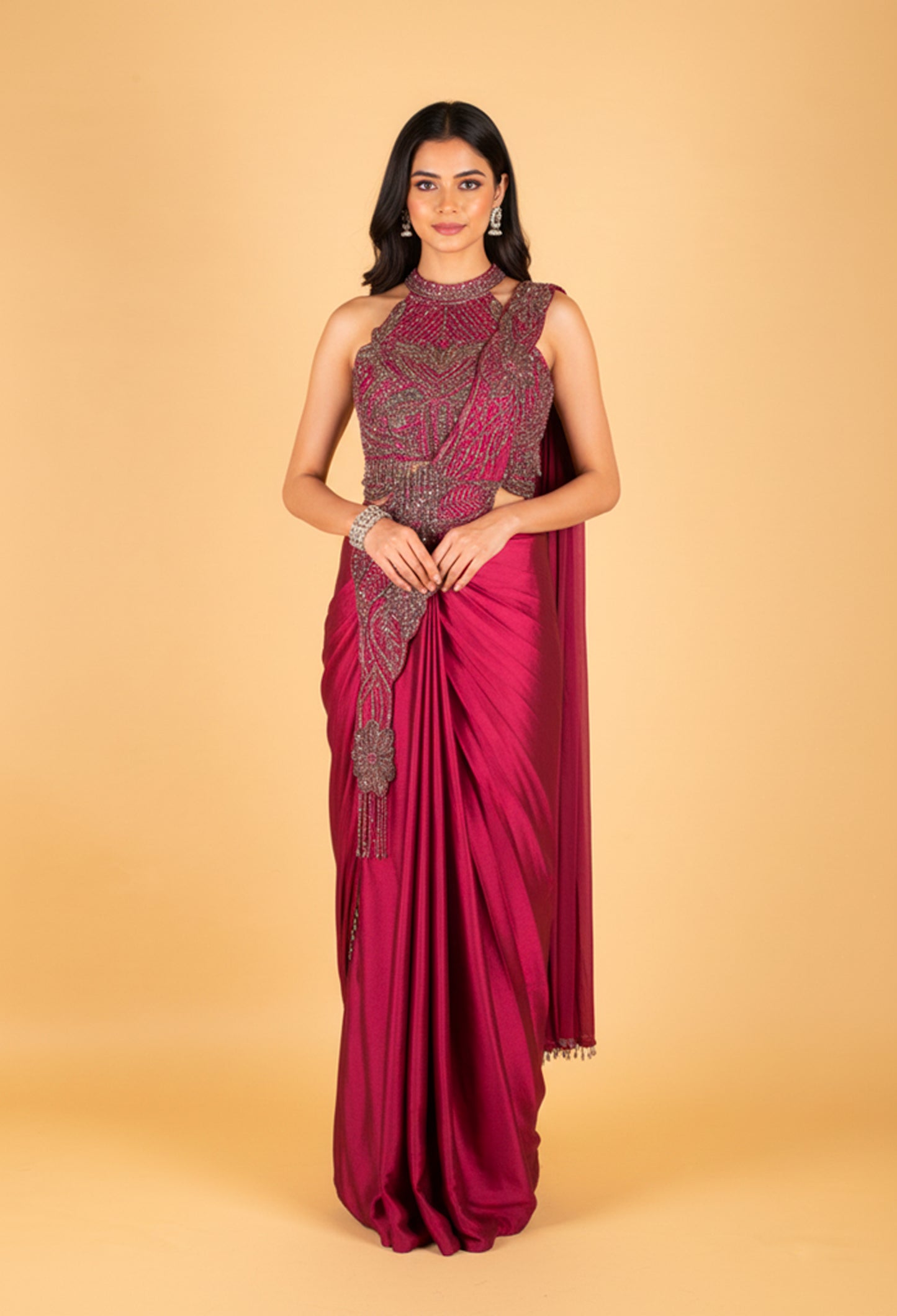 Fuchsia Pink Embellished Pre-Draped Saree Gown with Halter Neck – Luxury Cocktail & Wedding Wear