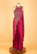 Fuchsia Pink Embellished Pre-Draped Saree Gown with Halter Neck – Luxury Cocktail & Wedding Wear