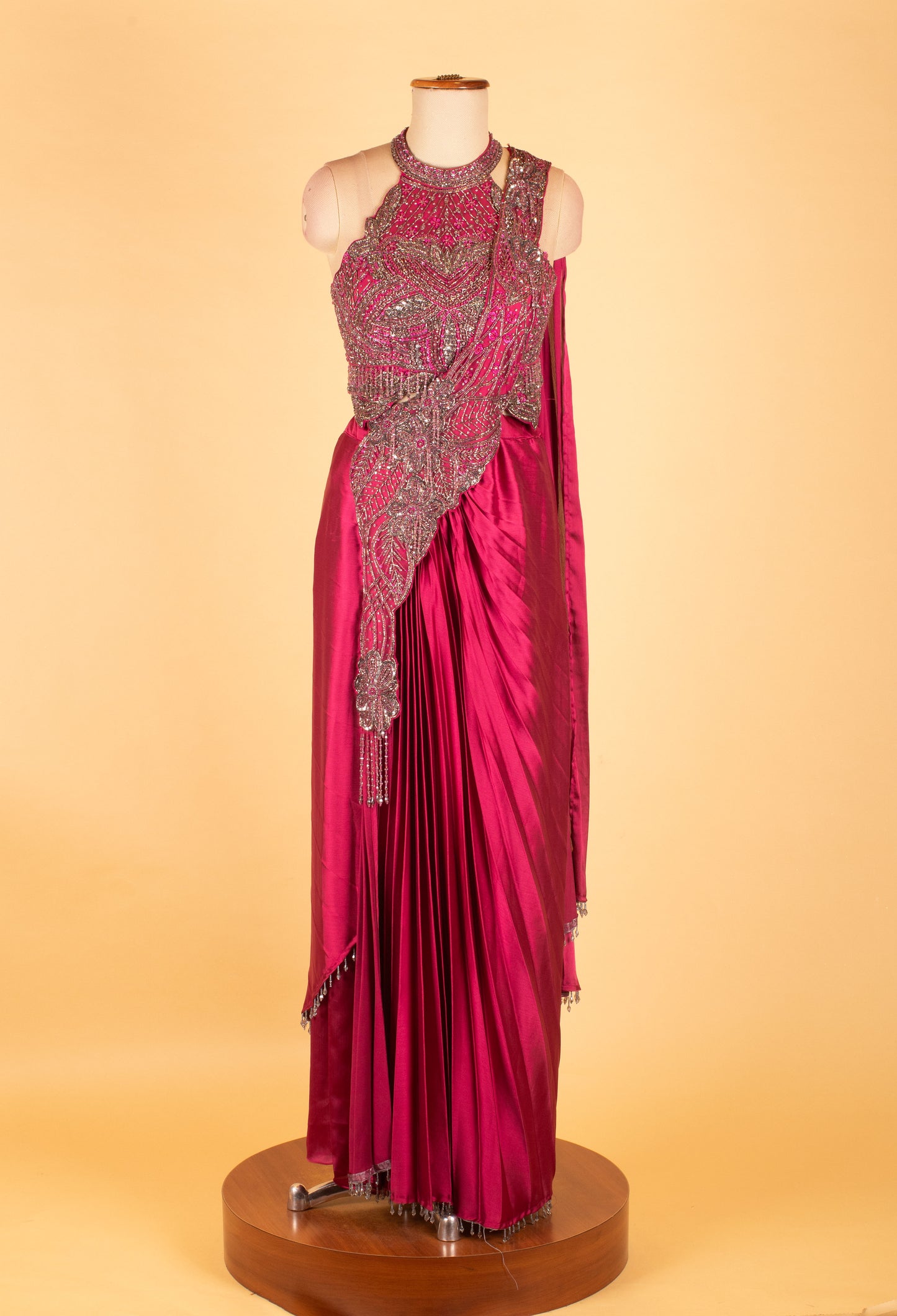 Fuchsia Pink Embellished Pre-Draped Saree Gown with Halter Neck – Luxury Cocktail & Wedding Wear