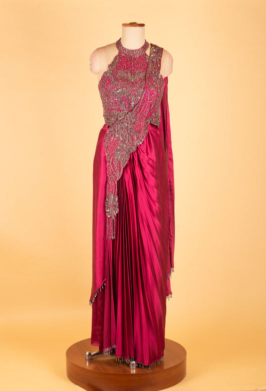 Fuchsia Pink Embellished Pre-Draped Saree Gown with Halter Neck – Luxury Cocktail & Wedding Wear