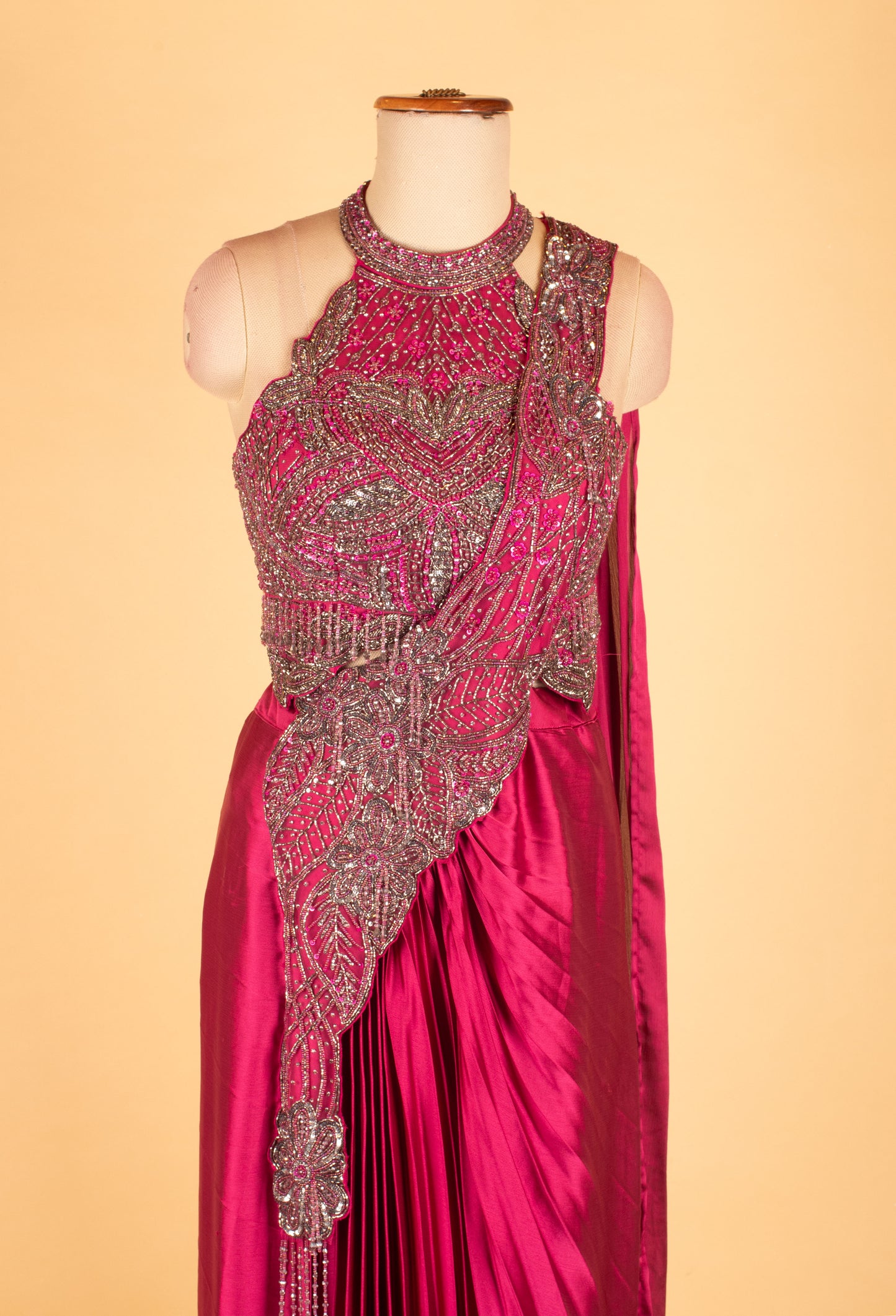 Fuchsia Pink Embellished Pre-Draped Saree Gown with Halter Neck – Luxury Cocktail & Wedding Wear