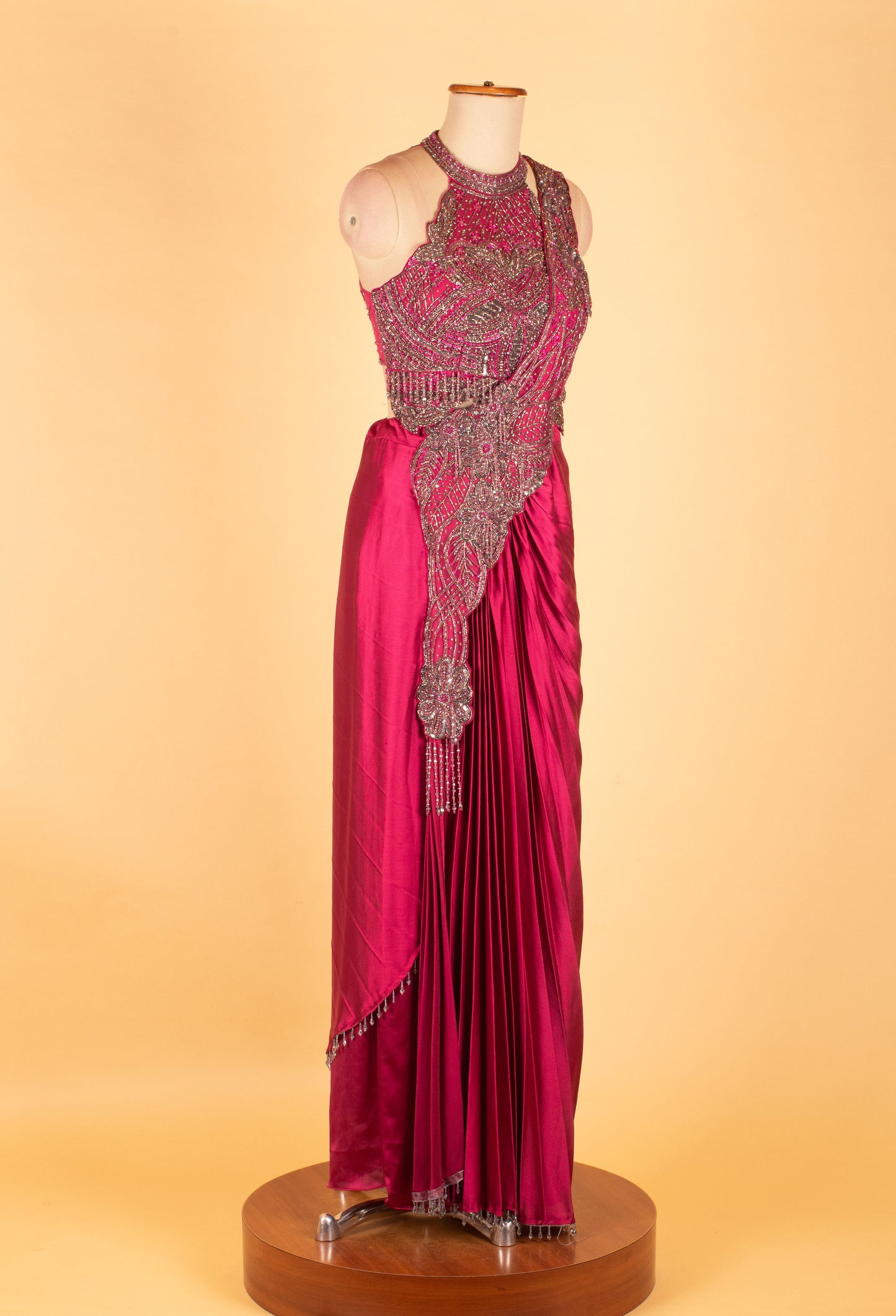 Fuchsia Pink Embellished Pre-Draped Saree Gown with Halter Neck – Luxury Cocktail & Wedding Wear