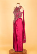 Fuchsia Pink Embellished Pre-Draped Saree Gown with Halter Neck – Luxury Cocktail & Wedding Wear