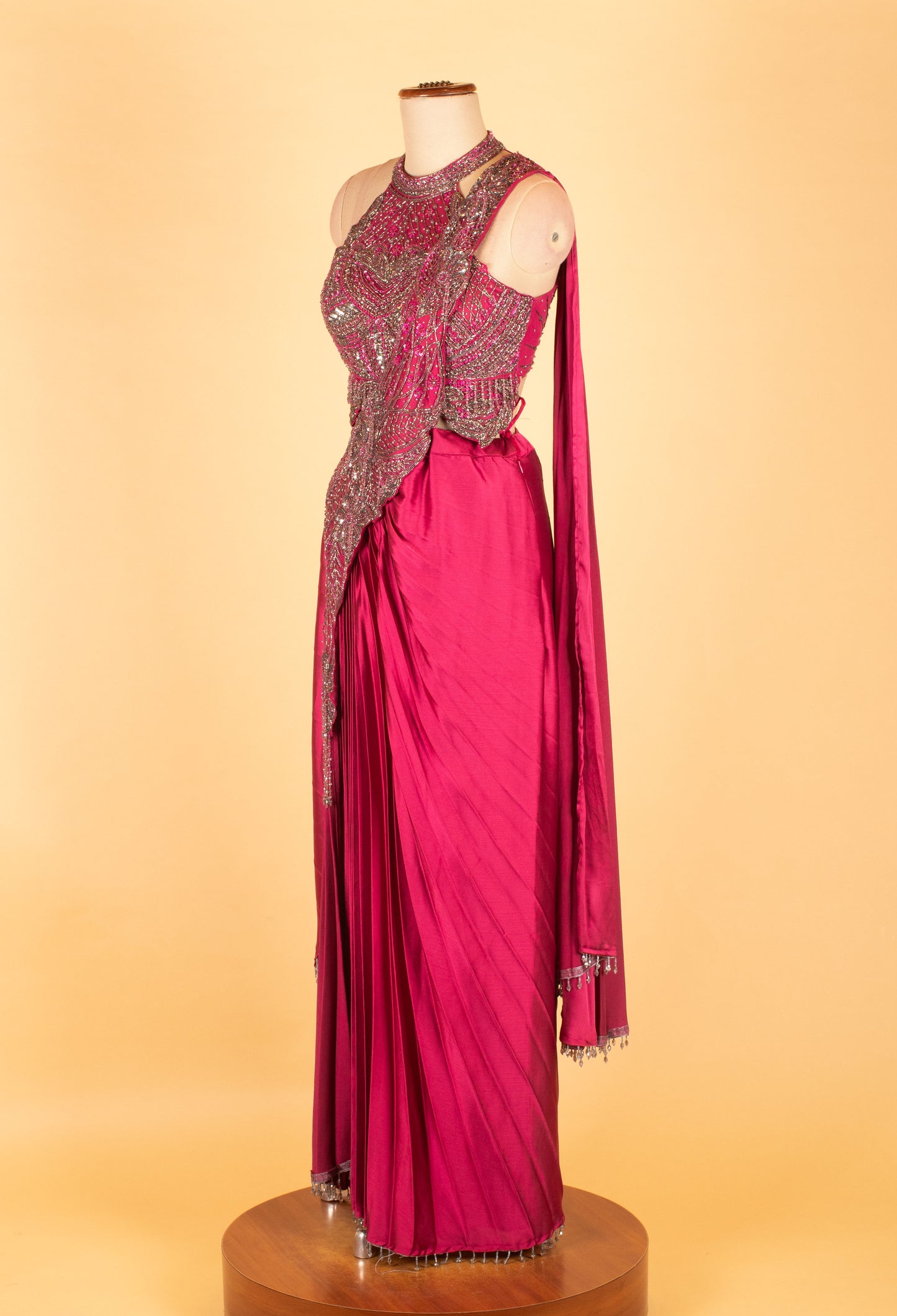 Fuchsia Pink Embellished Pre-Draped Saree Gown with Halter Neck – Luxury Cocktail & Wedding Wear