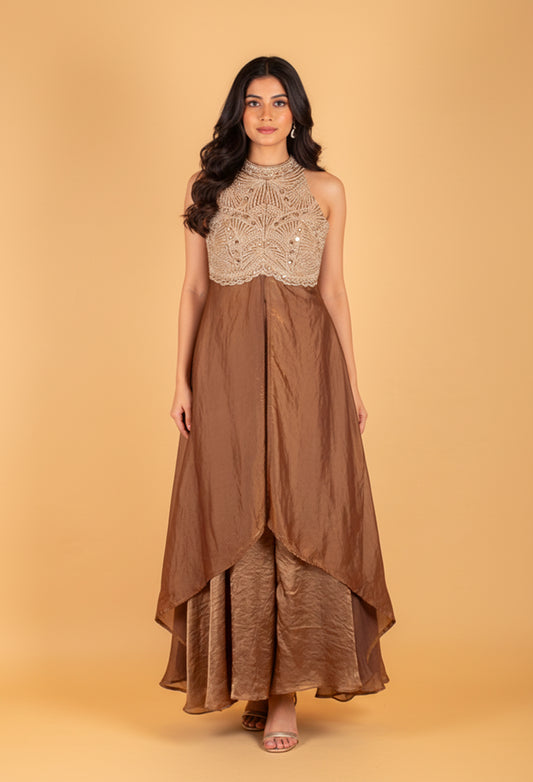 Golden Brown Straight-Cut Designer Suit with Embellished Halter Neck – Premium Party & Wedding Wear