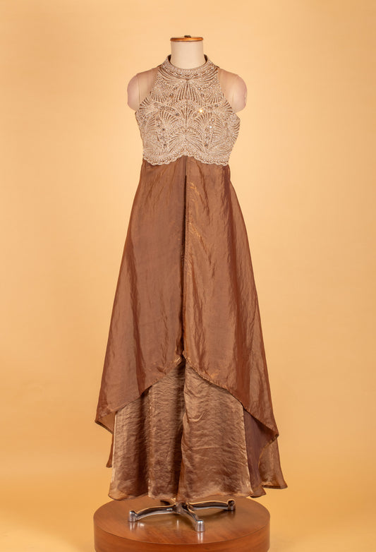 Golden brown straight-cut designer suit with embellished halter neck – product image 2