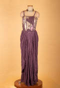 Purple Straight-Cut Designer Suit with Embellished Corset Style Bodice & Cape – Premium Party & Wedding Wear