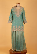Sea Green Straight-Cut Embroidered Suit with Sharara & Net Dupatta – Wedding & Festive Wear