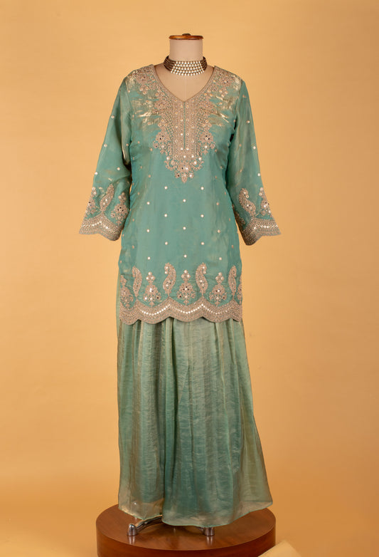 Sea green embroidered straight-cut sharara suit with net dupatta – product image 2