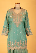 Sea Green Straight-Cut Embroidered Suit with Sharara & Net Dupatta – Wedding & Festive Wear