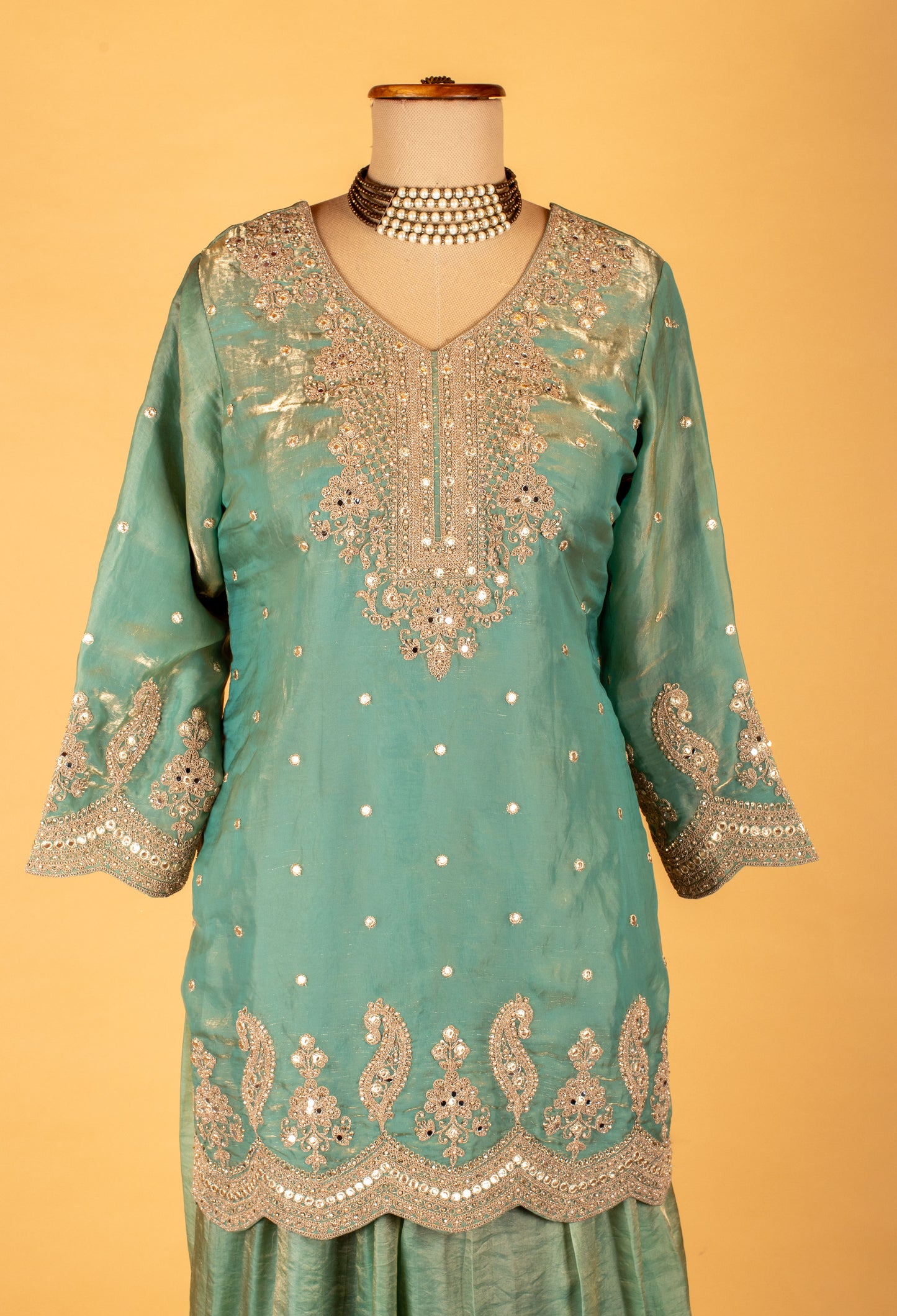 Sea Green Straight-Cut Embroidered Suit with Sharara & Net Dupatta – Wedding & Festive Wear
