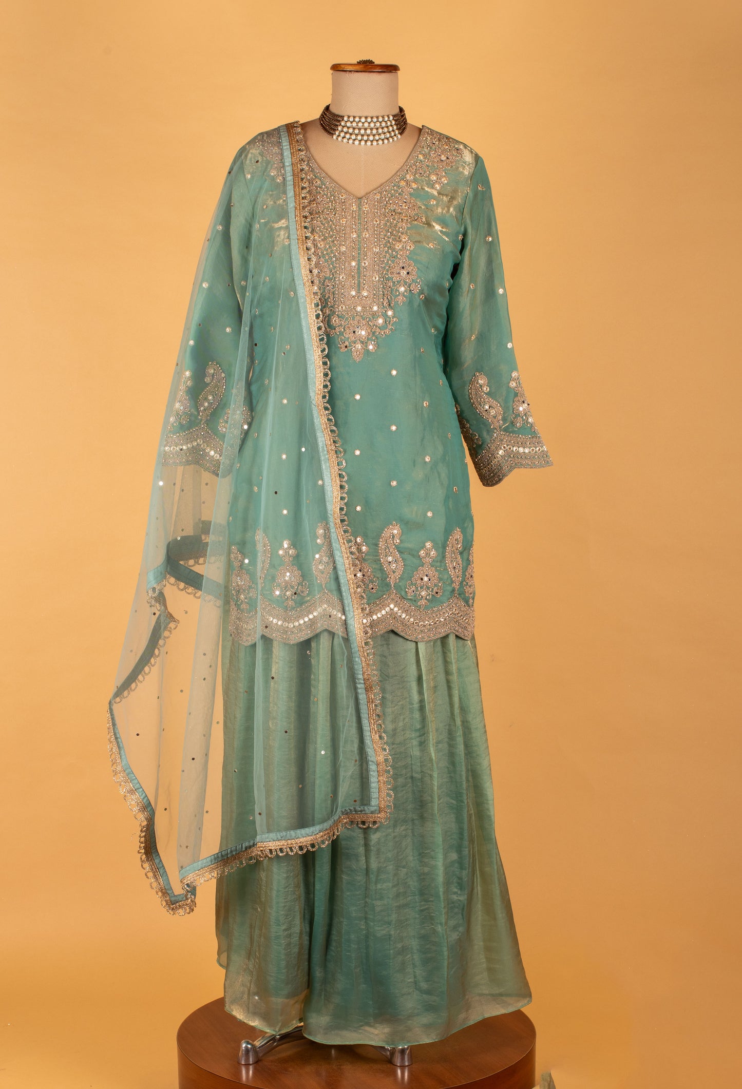 Sea Green Straight-Cut Embroidered Suit with Sharara & Net Dupatta – Wedding & Festive Wear