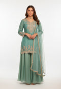 Sea Green Straight-Cut Embroidered Suit with Sharara & Net Dupatta – Wedding & Festive Wear