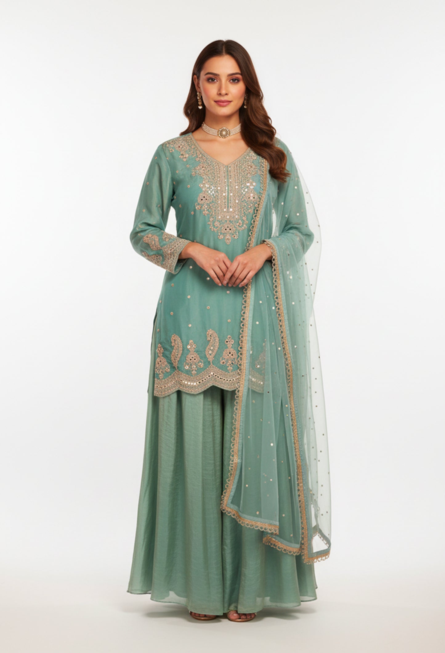 Sea Green Straight-Cut Embroidered Suit with Sharara & Net Dupatta – Wedding & Festive Wear