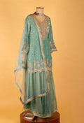 Sea Green Straight-Cut Embroidered Suit with Sharara & Net Dupatta – Wedding & Festive Wear