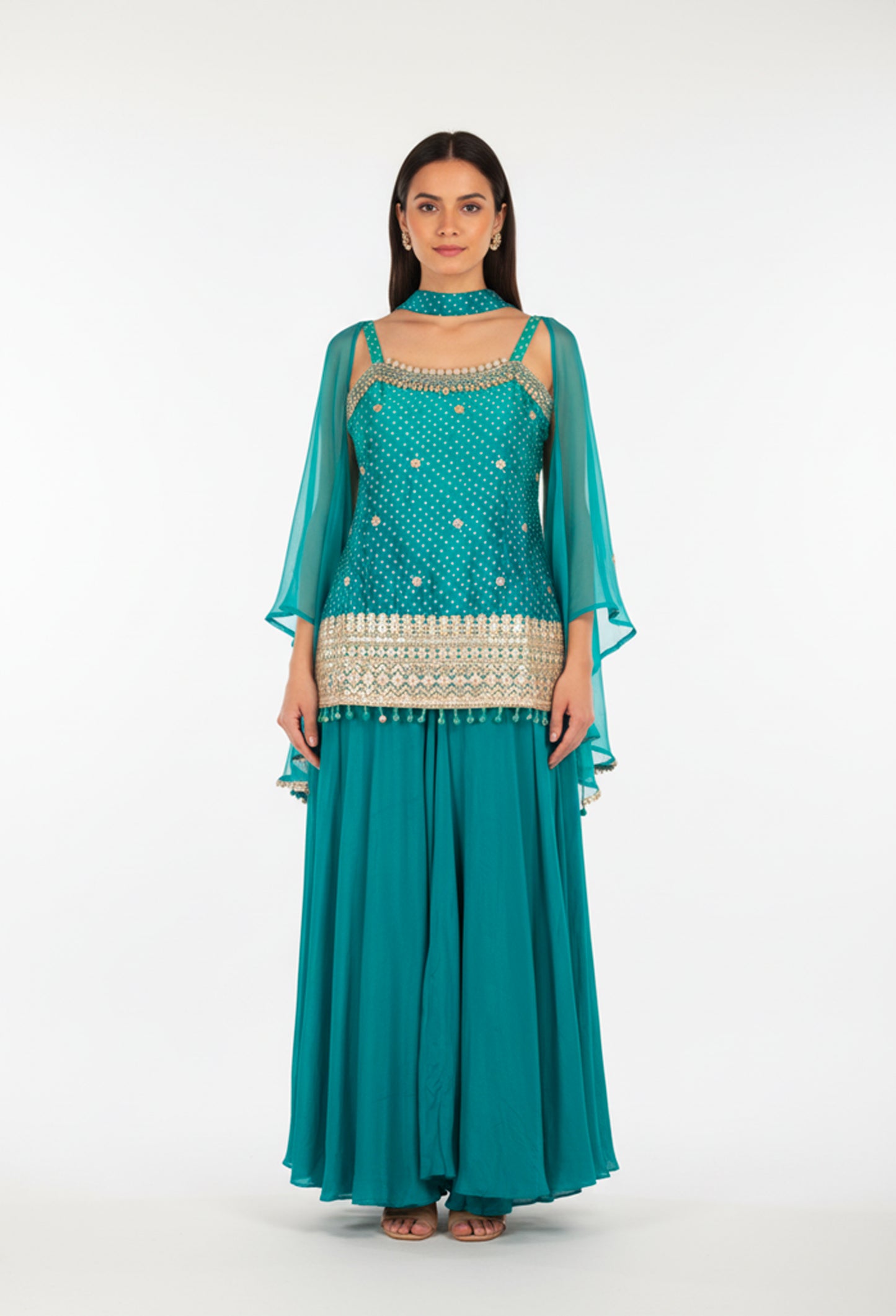 Teal Straight-Cut Sharara Suit with Embellished Kurta & Dupatta – Festive & Party Wear