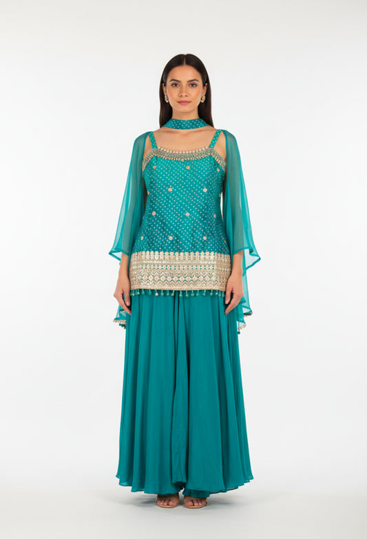 Teal Straight-Cut Sharara Suit with Embellished Kurta & Dupatta – Festive & Party Wear