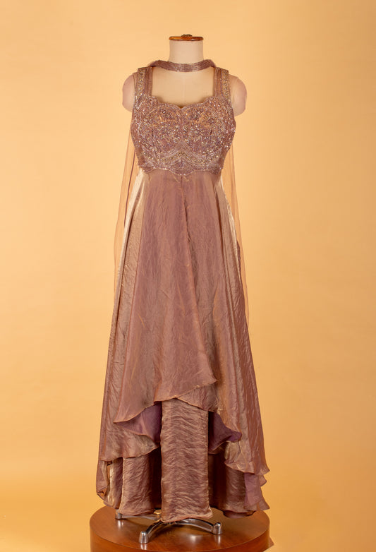 Mauve straight-cut designer suit with embellished bodice and cape dupatta – product image 2