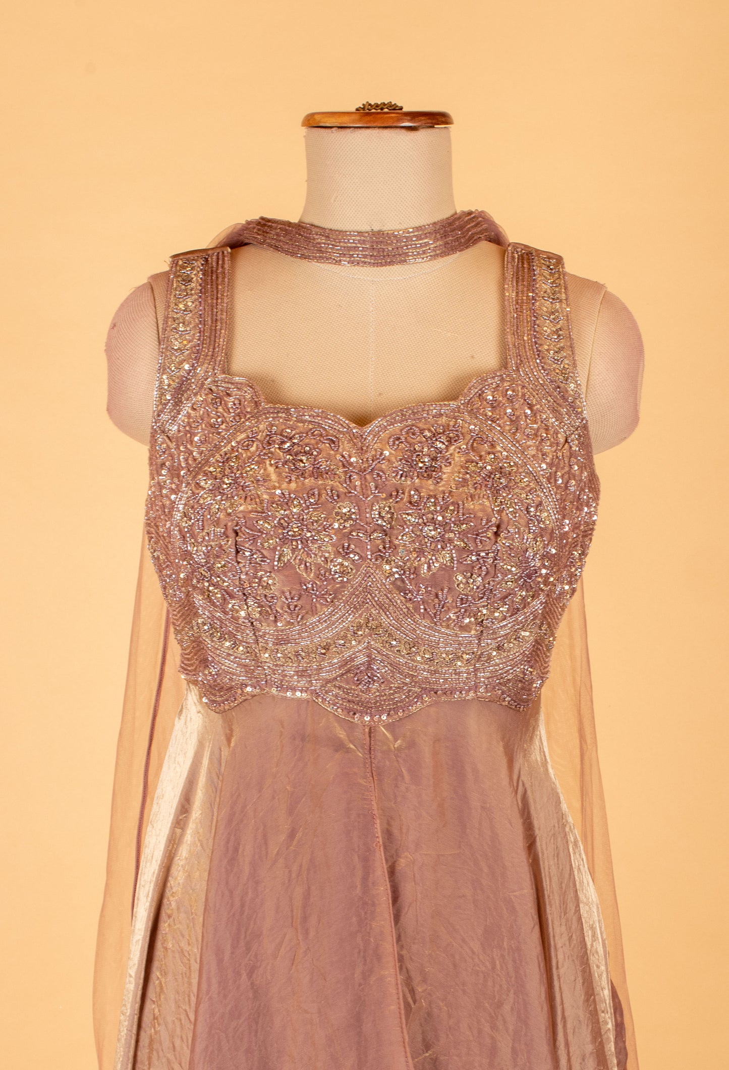 Mauve Straight-Cut Designer Suit with Heavy Embellished Bodice & Cape Dupatta – Party & Reception Wear